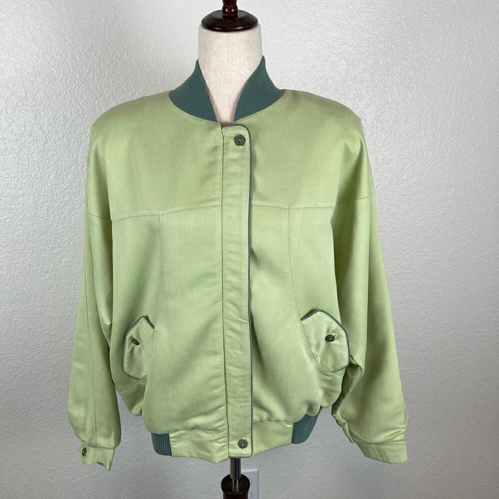 Vintage M. Portfolio By Marsha Varsity Style Snap Zip Up Jacket Green Womens L